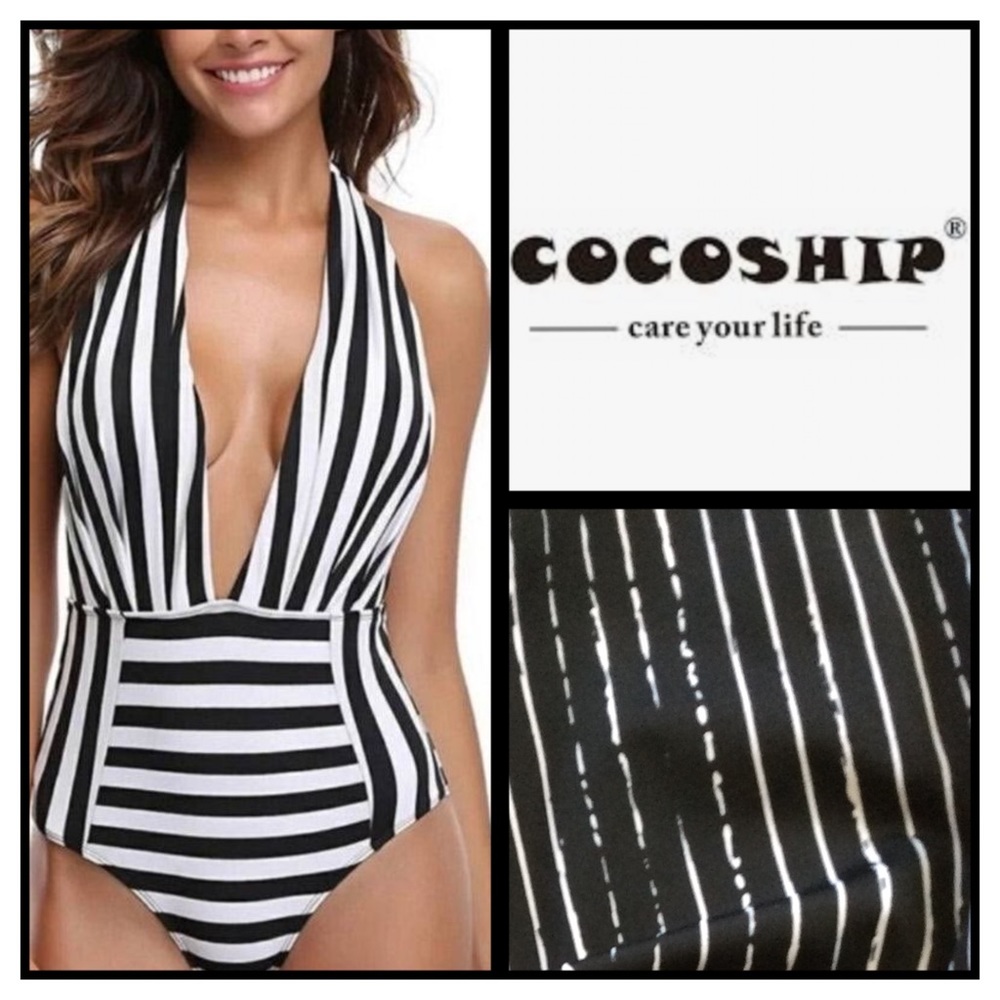 NWOT CoCoship Striped Plunging Swimsuit